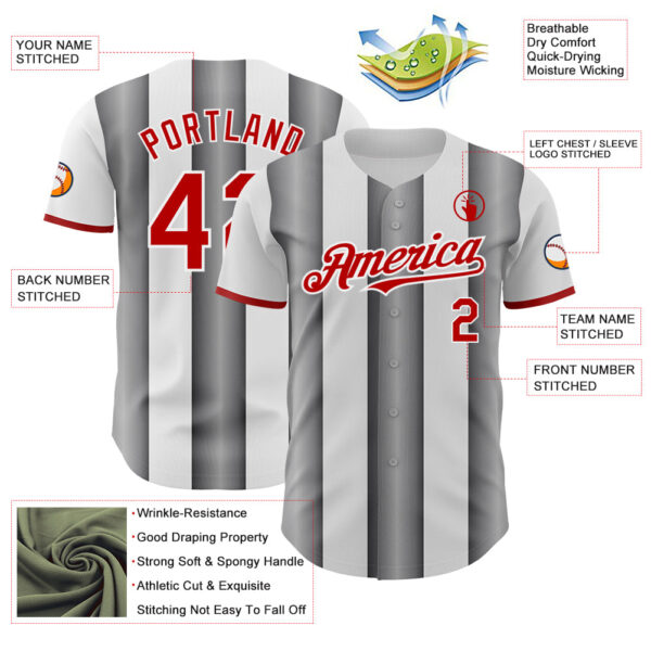 Custom White Red-Steel Gray Gradient Vertical Stripe Argentina Style Authentic Baseball Jersey
