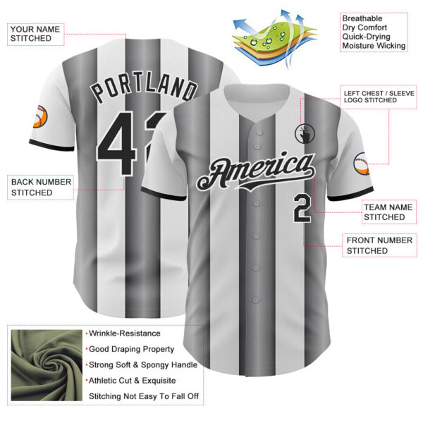 Custom White Black-Steel Gray Gradient Vertical Stripe Argentina Style Authentic Baseball Jersey