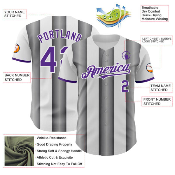 Custom White Purple-Steel Gray Gradient Vertical Stripe Argentina Style Authentic Baseball Jersey