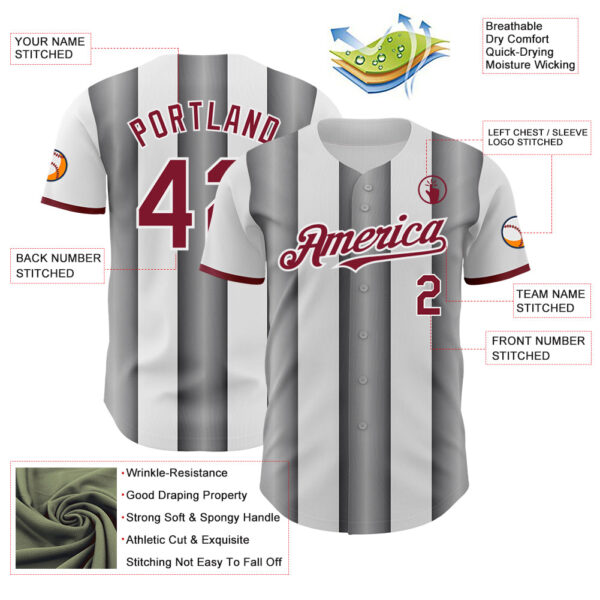Custom White Crimson-Steel Gray Gradient Vertical Stripe Argentina Style Authentic Baseball Jersey