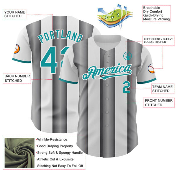Custom White Teal-Steel Gray Gradient Vertical Stripe Argentina Style Authentic Baseball Jersey