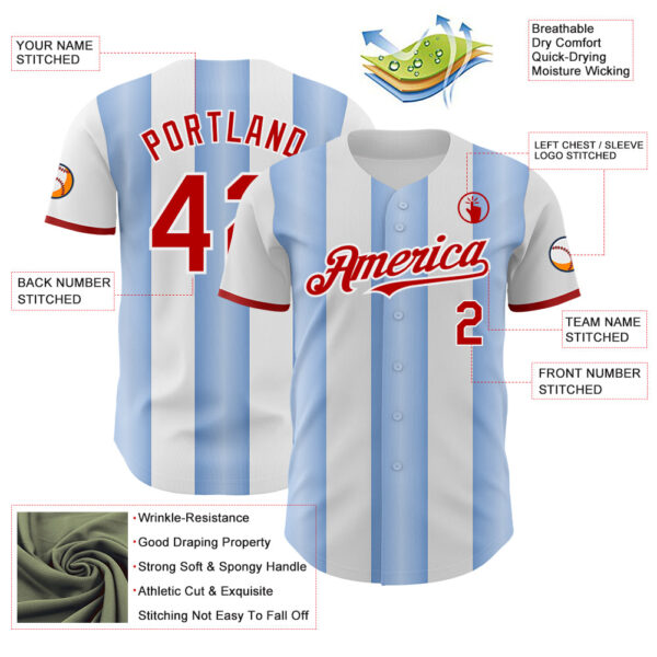 Custom White Red-Light Blue Gradient Vertical Stripe Argentina Style Authentic Baseball Jersey