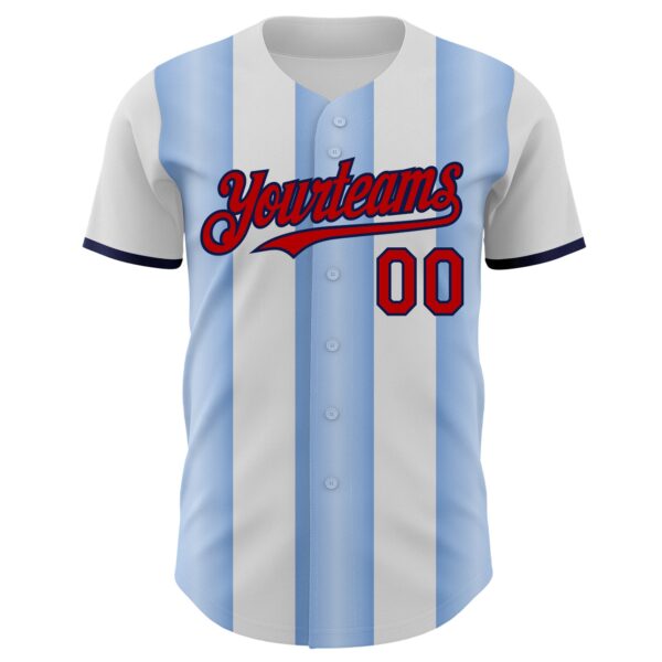 Custom White Red Light Blue-Navy Gradient Vertical Stripe Argentina Style Authentic Baseball Jersey
