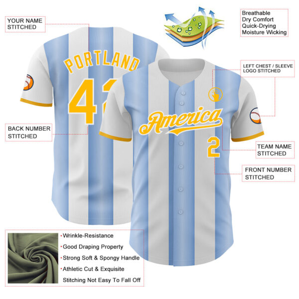 Custom White Gold-Light Blue Gradient Vertical Stripe Argentina Style Authentic Baseball Jersey