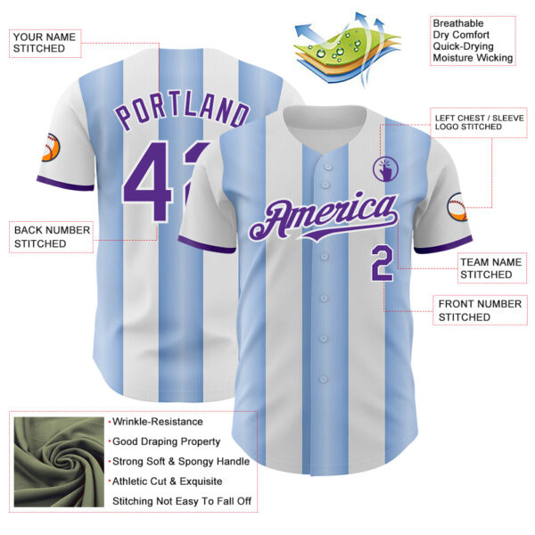 Custom White Purple-Light Blue Gradient Vertical Stripe Argentina Style Authentic Baseball Jersey