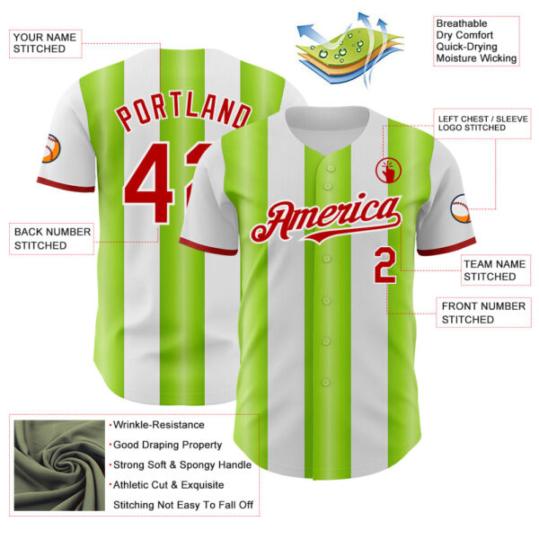 Custom White Red-Neon Green Gradient Vertical Stripe Argentina Style Authentic Baseball Jersey
