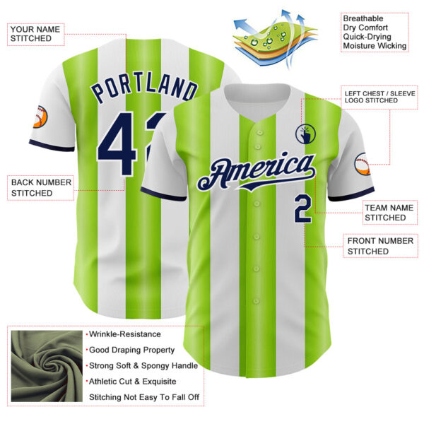 Custom White Navy-Neon Green Gradient Vertical Stripe Argentina Style Authentic Baseball Jersey