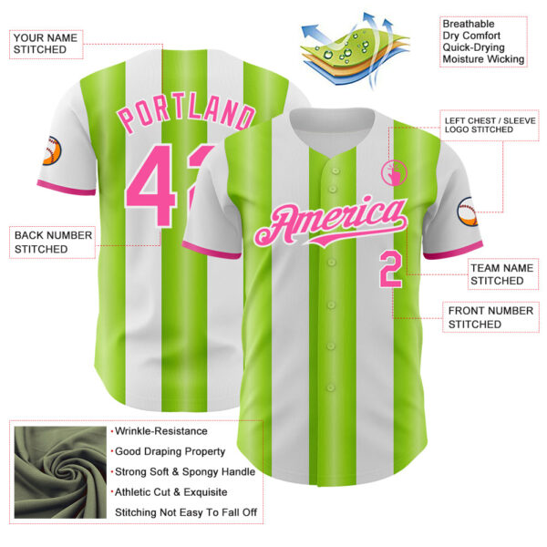 Custom White Pink-Neon Green Gradient Vertical Stripe Argentina Style Authentic Baseball Jersey