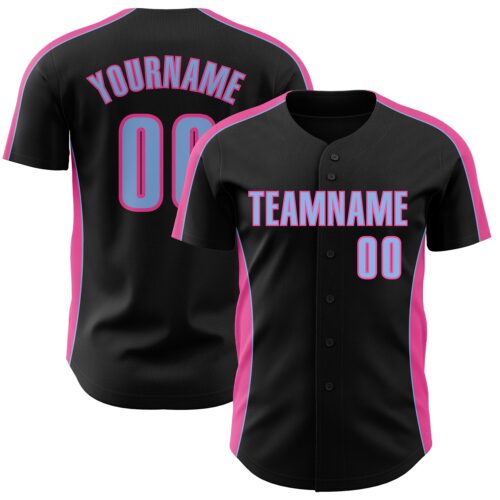 Pinstripe0477 Custom Black Light Blue-Pink Classic Color Block Side Panel Stripe Authentic Baseball Jersey