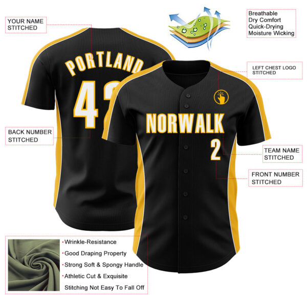 Custom Black White-Gold Classic Color Block Side Panel Stripe Authentic Baseball Jersey