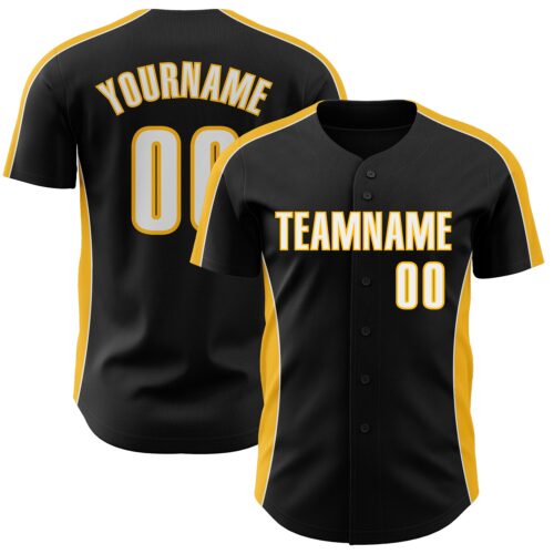 Pinstripe0478 Custom Black White-Gold Classic Color Block Side Panel Stripe Authentic Baseball Jersey