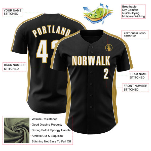 Custom Black White-Old Gold Classic Color Block Side Panel Stripe Authentic Baseball Jersey