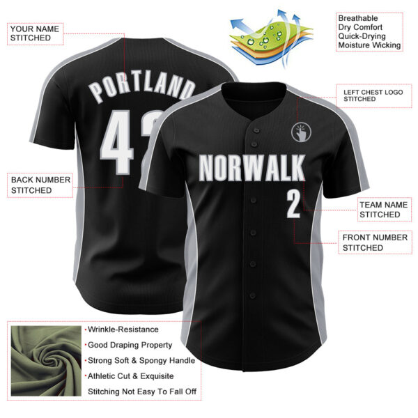 Custom Black White-Gray Classic Color Block Side Panel Stripe Authentic Baseball Jersey