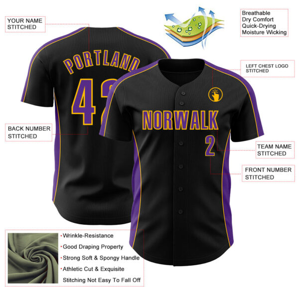 Custom Black Purple-Gold Classic Color Block Side Panel Stripe Authentic Baseball Jersey