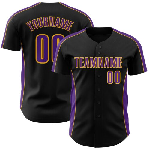 Pinstripe0482 Custom Black Purple-Gold Classic Color Block Side Panel Stripe Authentic Baseball Jersey