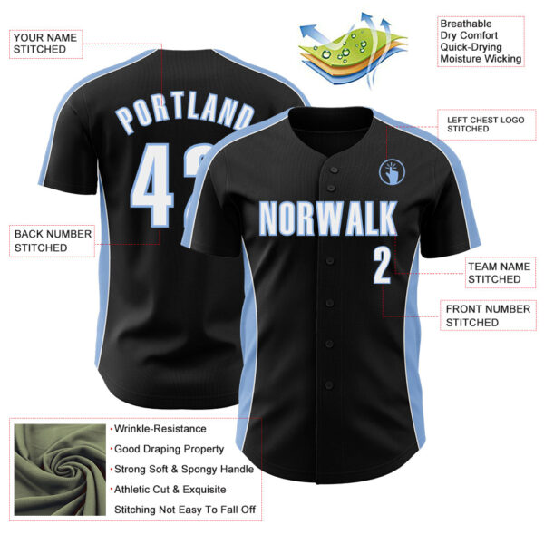 Custom Black White-Light Blue Classic Color Block Side Panel Stripe Authentic Baseball Jersey
