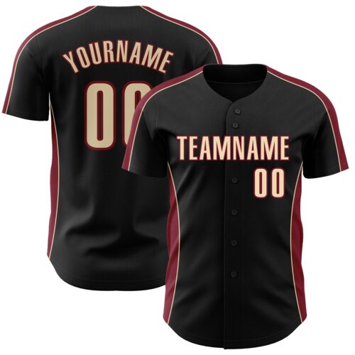 Pinstripe0485 Custom Black Cream-Crimson Classic Color Block Side Panel Stripe Authentic Baseball Jersey