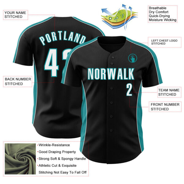 Custom Black White-Teal Classic Color Block Side Panel Stripe Authentic Baseball Jersey