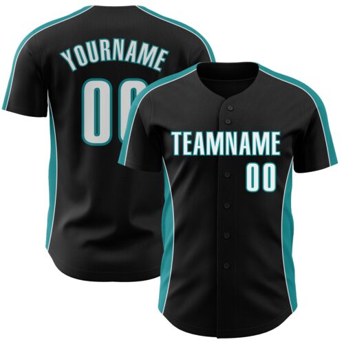 Pinstripe0486 Custom Black White-Teal Classic Color Block Side Panel Stripe Authentic Baseball Jersey