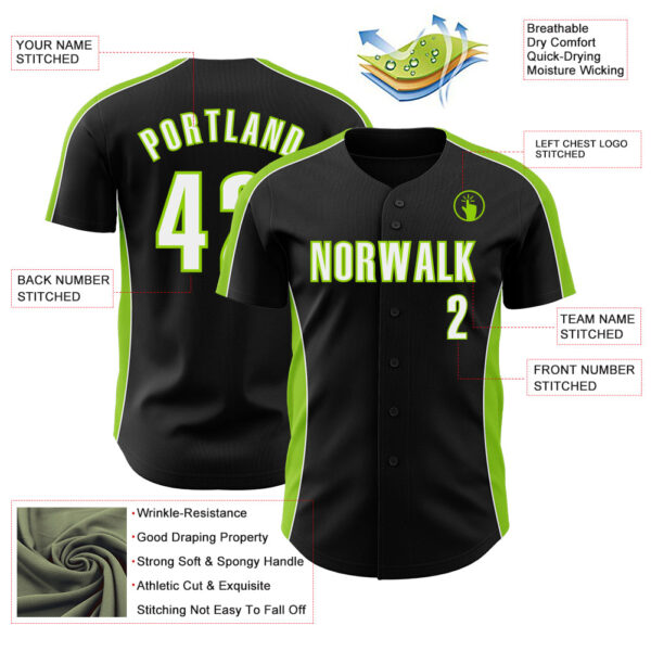 Custom Black White-Neon Green Classic Color Block Side Panel Stripe Authentic Baseball Jersey