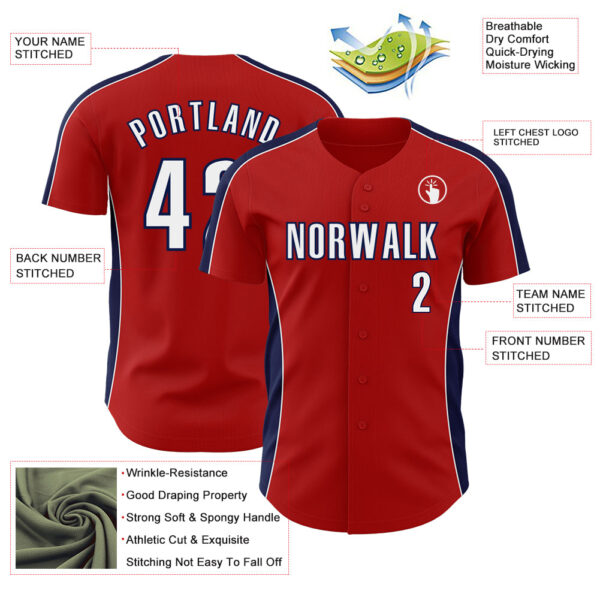 Custom Red White-Navy Classic Color Block Side Panel Stripe Authentic Baseball Jersey