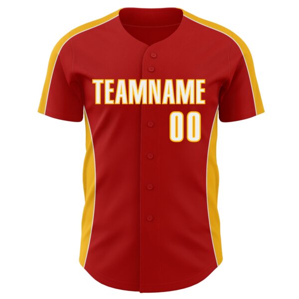 Custom Red White-Gold Classic Color Block Side Panel Stripe Authentic Baseball Jersey