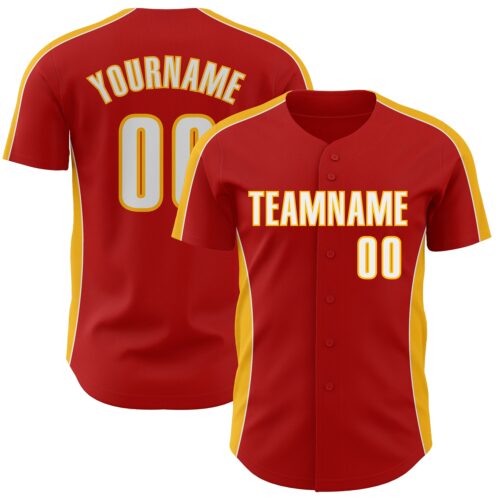 Pinstripe0491 Custom Red White-Gold Classic Color Block Side Panel Stripe Authentic Baseball Jersey