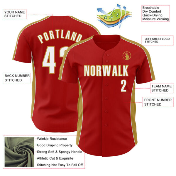 Custom Red White-Old Gold Classic Color Block Side Panel Stripe Authentic Baseball Jersey