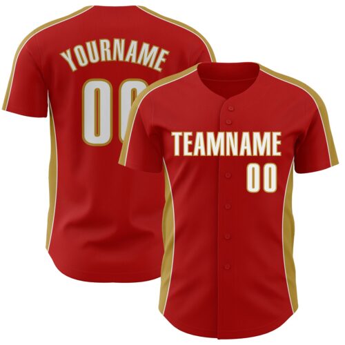 Pinstripe0492 Custom Red White-Old Gold Classic Color Block Side Panel Stripe Authentic Baseball Jersey