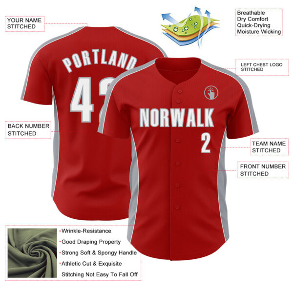 Custom Red White-Gray Classic Color Block Side Panel Stripe Authentic Baseball Jersey
