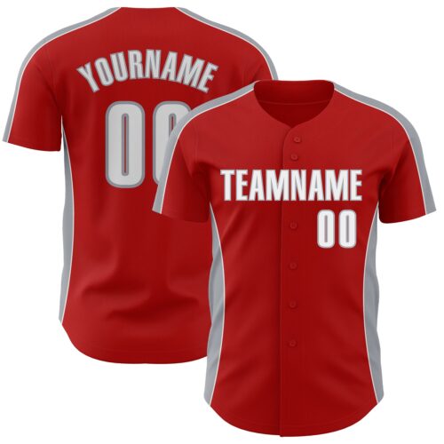 Pinstripe0493 Custom Red White-Gray Classic Color Block Side Panel Stripe Authentic Baseball Jersey