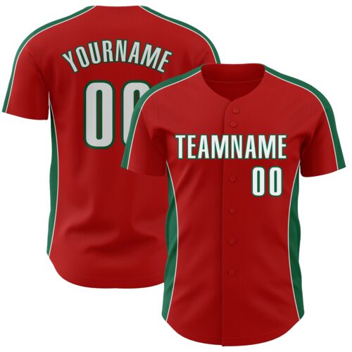 Pinstripe0495 Custom Red White-Kelly Green Classic Color Block Side Panel Stripe Authentic Baseball Jersey
