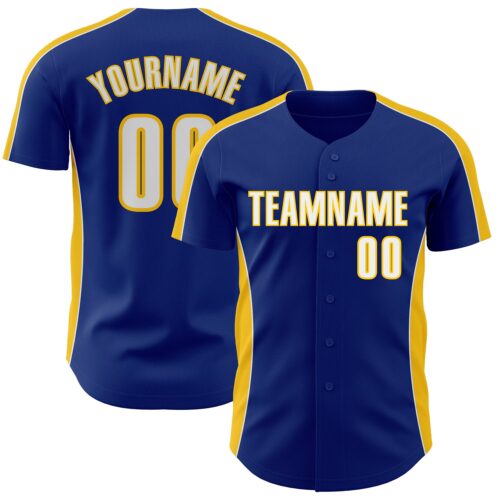 Pinstripe0497 Custom Royal White-Yellow Classic Color Block Side Panel Stripe Authentic Baseball Jersey