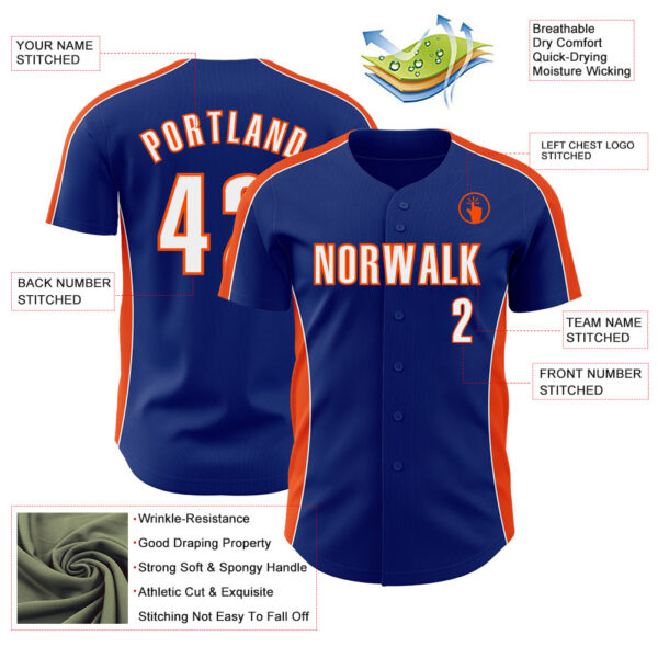 Custom Royal White-Orange Classic Color Block Side Panel Stripe Authentic Baseball Jersey