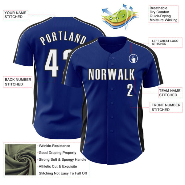 Custom Royal White-Black Classic Color Block Side Panel Stripe Authentic Baseball Jersey