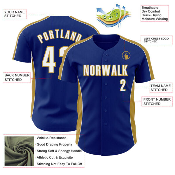 Custom Royal White-Old Gold Classic Color Block Side Panel Stripe Authentic Baseball Jersey