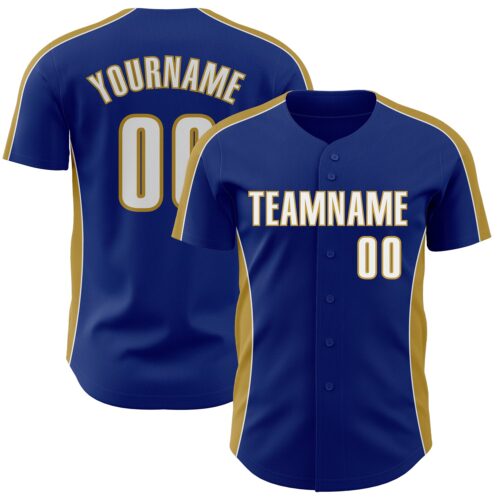 Pinstripe0500 Custom Royal White-Old Gold Classic Color Block Side Panel Stripe Authentic Baseball Jersey