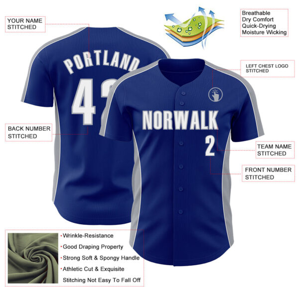 Custom Royal White-Gray Classic Color Block Side Panel Stripe Authentic Baseball Jersey