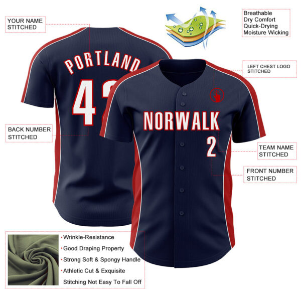 Custom Navy White-Red Classic Color Block Side Panel Stripe Authentic Baseball Jersey
