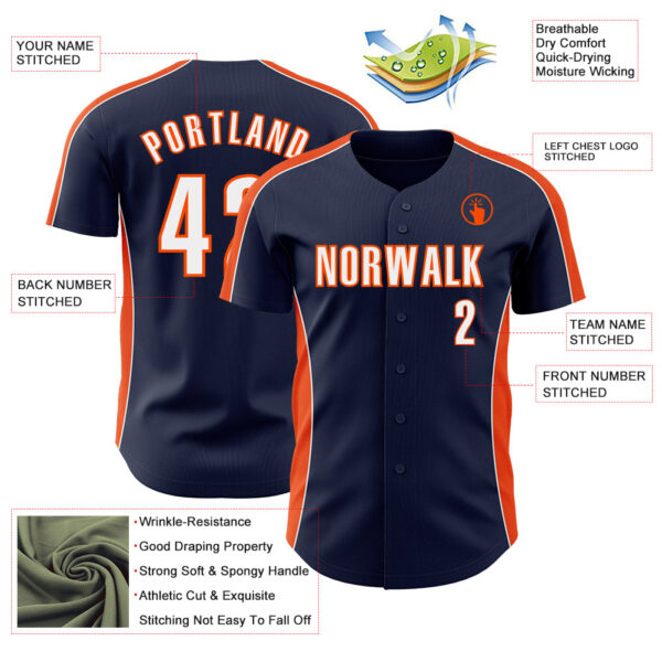 Custom Navy White-Orange Classic Color Block Side Panel Stripe Authentic Baseball Jersey