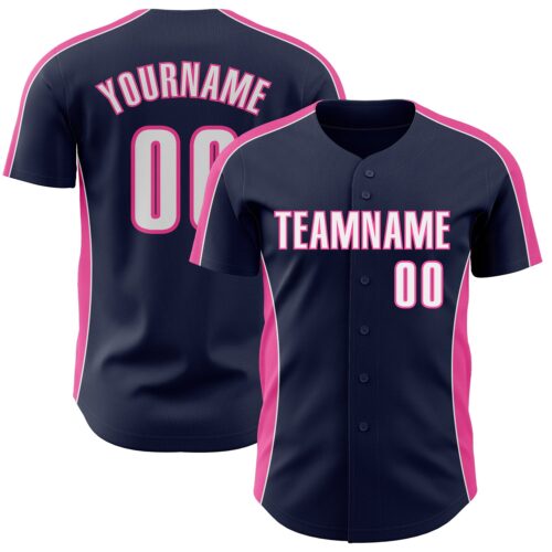 Pinstripe0505 Custom Navy White-Pink Classic Color Block Side Panel Stripe Authentic Baseball Jersey