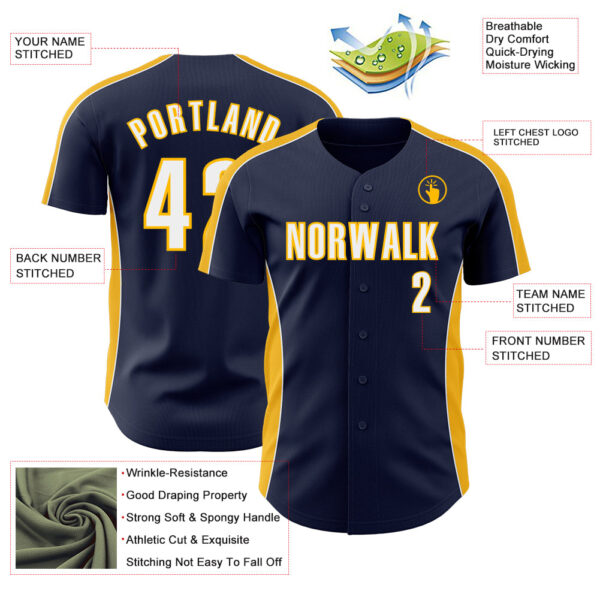 Custom Navy White-Gold Classic Color Block Side Panel Stripe Authentic Baseball Jersey