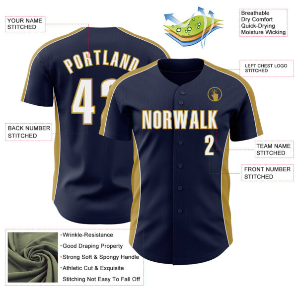 Custom Navy White-Old Gold Classic Color Block Side Panel Stripe Authentic Baseball Jersey