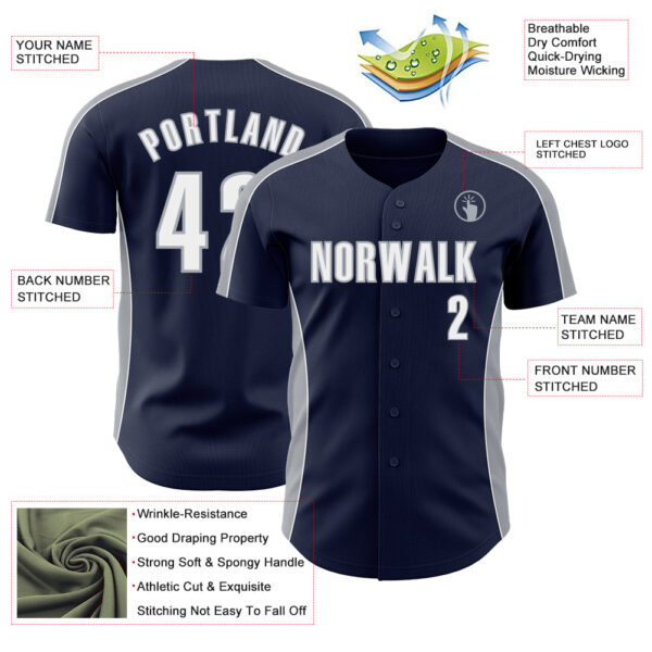 Custom Navy White-Gray Classic Color Block Side Panel Stripe Authentic Baseball Jersey