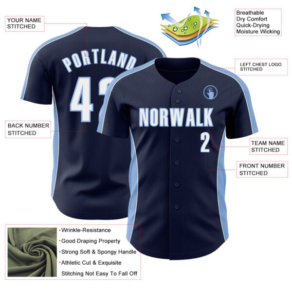 Custom Navy White-Light Blue Classic Color Block Side Panel Stripe Authentic Baseball Jersey