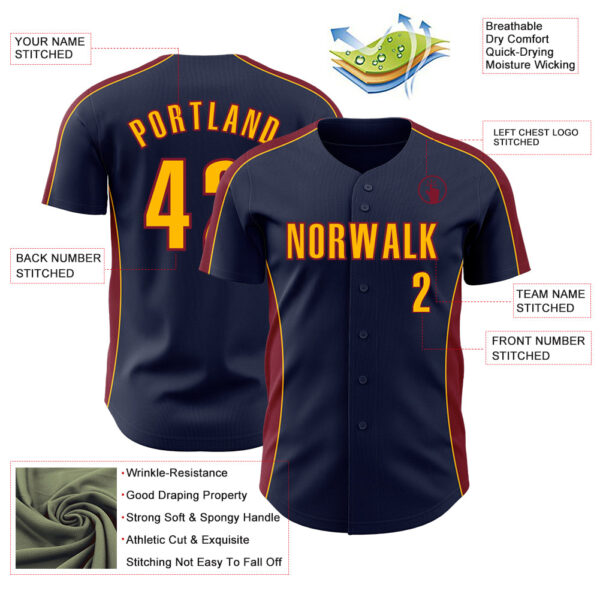 Custom Navy Gold-Crimson Classic Color Block Side Panel Stripe Authentic Baseball Jersey