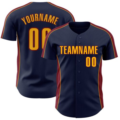 Pinstripe0511 Custom Navy Gold-Crimson Classic Color Block Side Panel Stripe Authentic Baseball Jersey