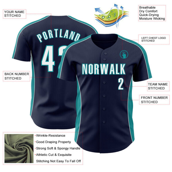 Custom Navy White-Teal Classic Color Block Side Panel Stripe Authentic Baseball Jersey