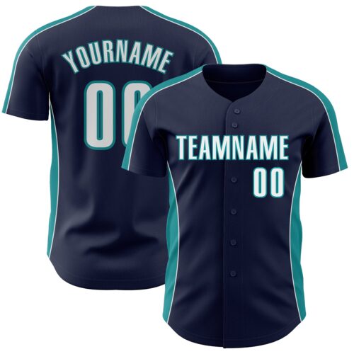 Pinstripe0512 Custom Navy White-Teal Classic Color Block Side Panel Stripe Authentic Baseball Jersey