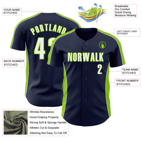 Custom Navy White-Neon Green Classic Color Block Side Panel Stripe Authentic Baseball Jersey
